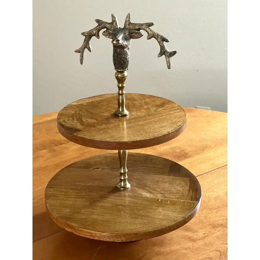 Vtg Pewter Stag Deer & Solid Wood Serving Pedestal Cupcake Platter Cake Dessert